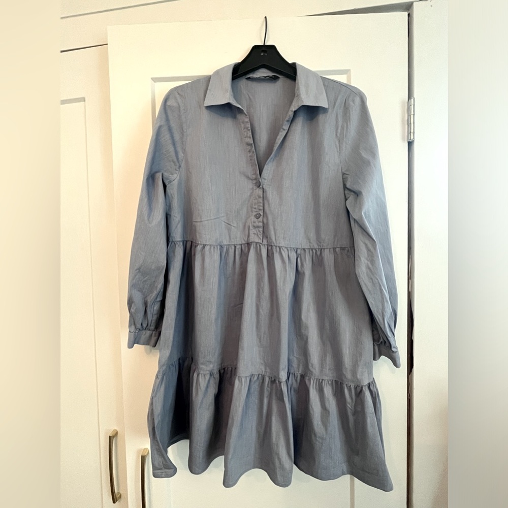 ZARA Dress Pale Blue Sz XL Tiered Skirt Empire Waist